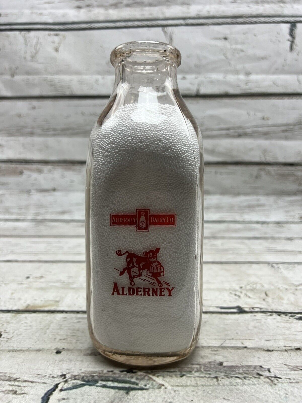 VTG Alderney Dairy Co. Newark NJ Calf Logo Front Clear Square Quart Milk Bottle