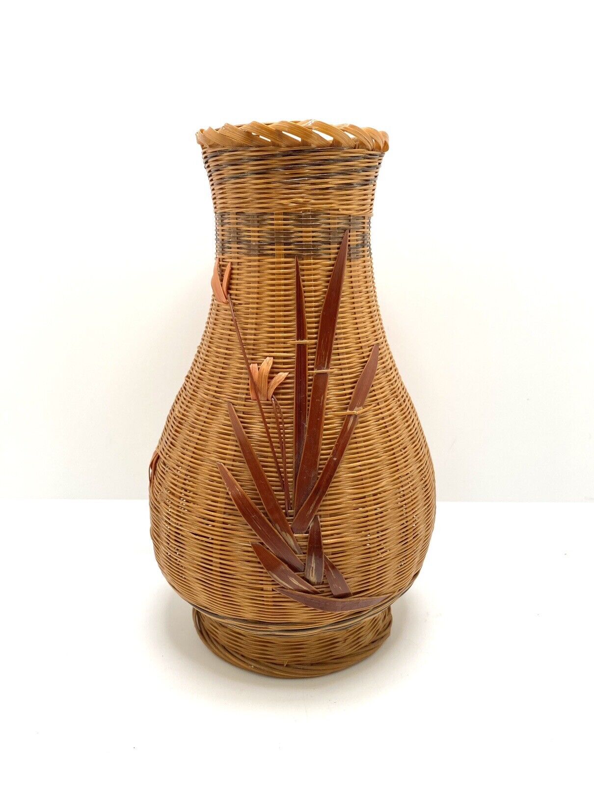 Vintage Hand Woven Bamboo Wrapped Porcelain Vase