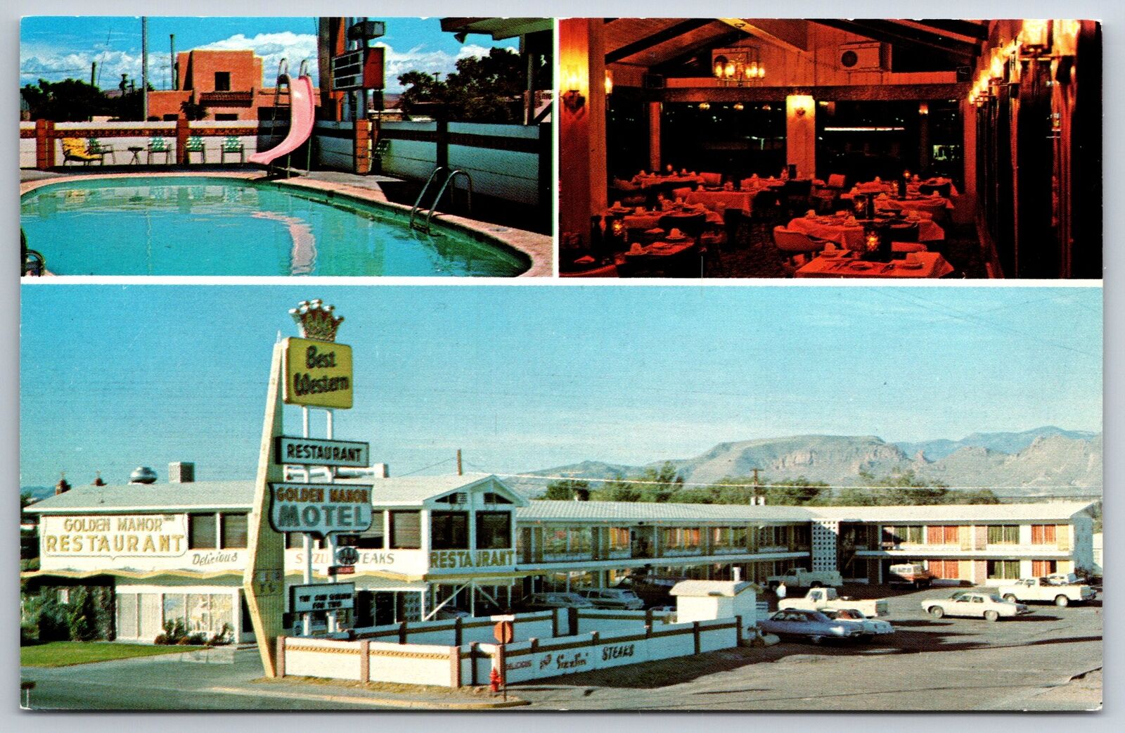 Socorro NM~Roadside Golden Manor Motel~Rooftop Restaurant~US Hwy 60~1960s PC