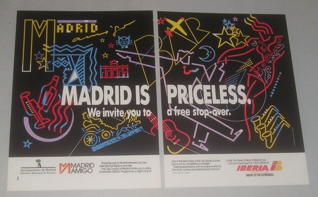 1989 Iberia Airlines Ad, Madrid Is Priceless, Javier Romero Art, Spain Travel