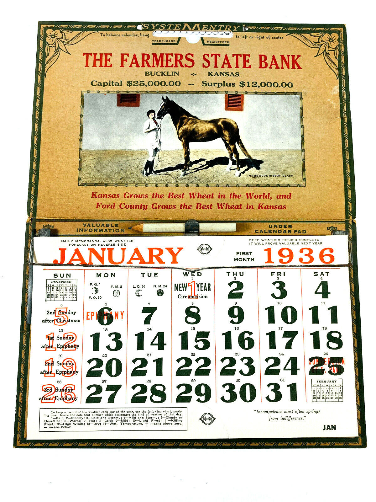RARE 1936 NICE Farmers State Bank Advertising Horse Calendar Bucklin Kansas KS