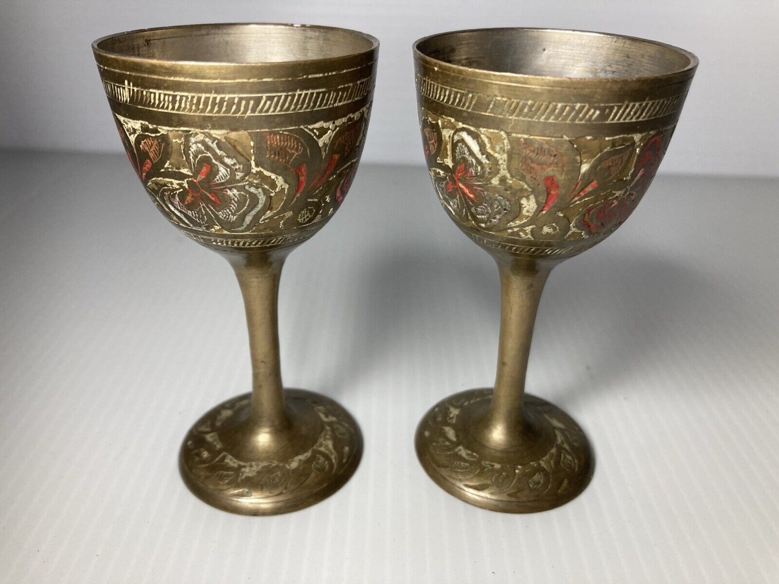 Pair of 3 inch Tall Brass Goblet cup, Ornate Pattern