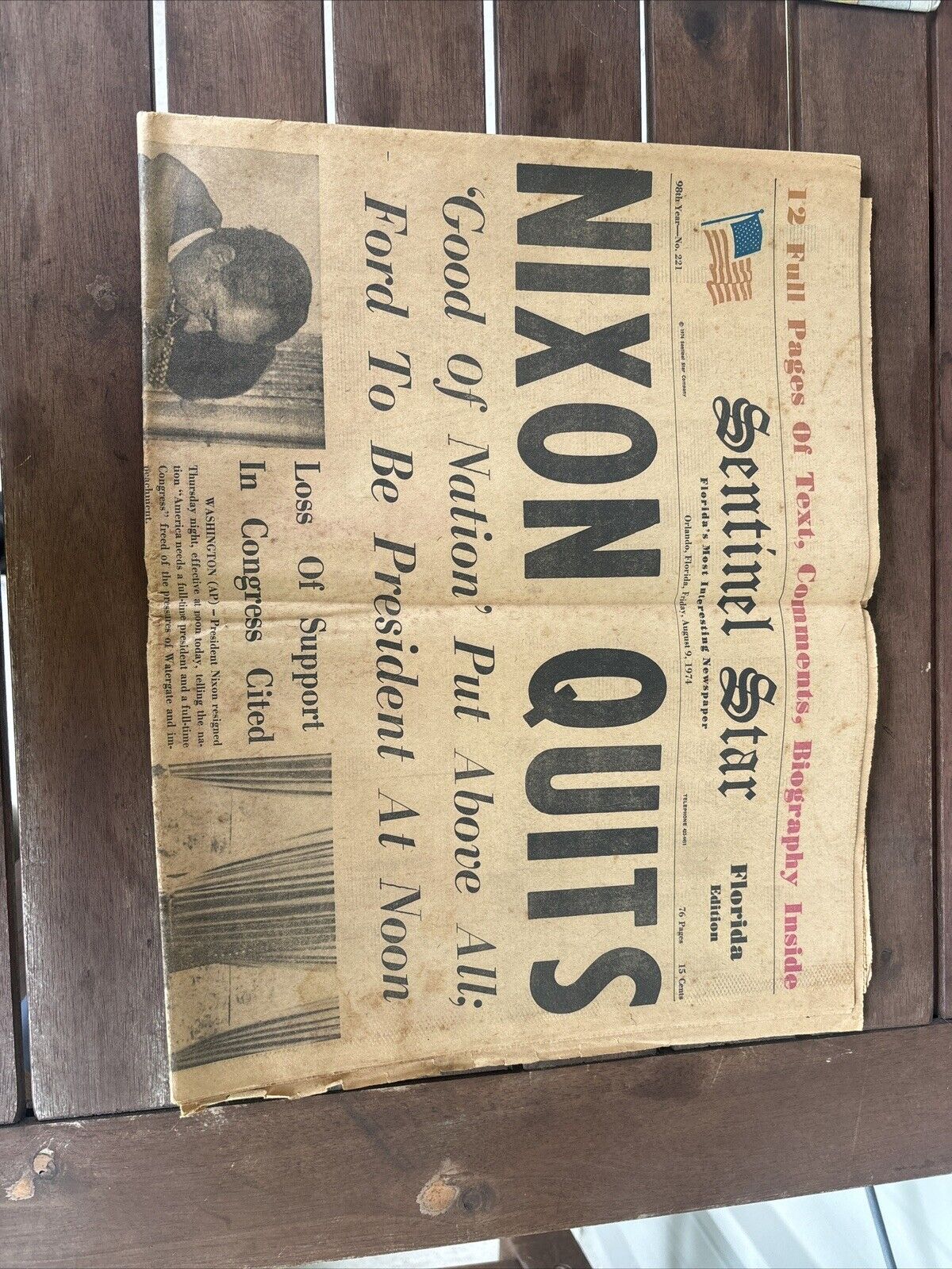 1974 Sentinel Star Front Page “NIXON QUITS” 12 Page Section Of Newspaper