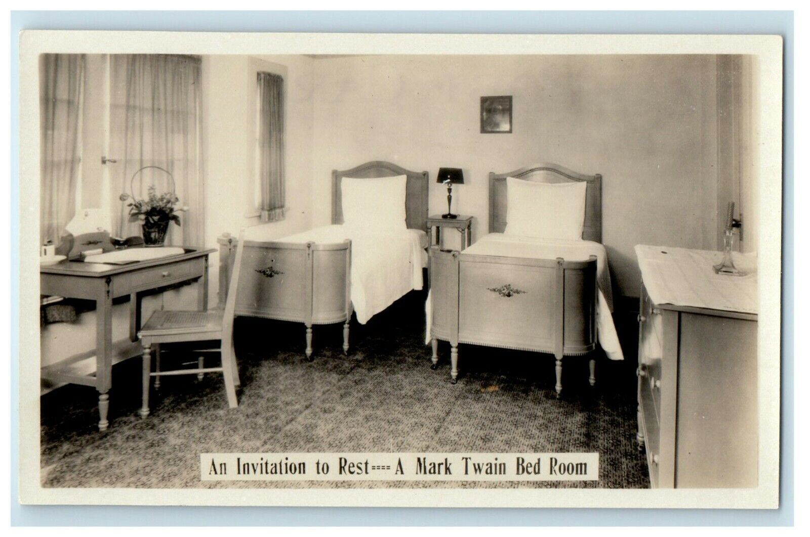 Hollywood CA, An Invitation To Rest Mark Twain Bed Room RPPC Photo Postcard
