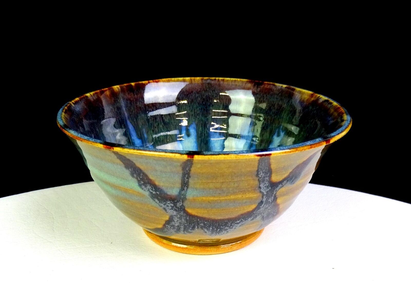 Asian Studio Art Pottery Signed Flambe Glaze Inside Oil Drip 4 5/8\