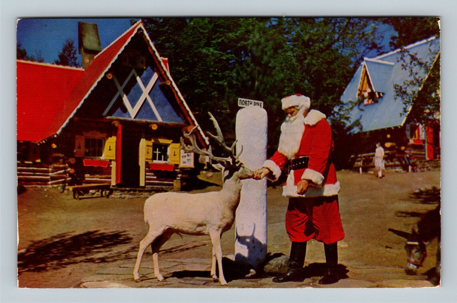 The North Pole, Santa And Blitzen, Reindeer, c1953 Vintage Postcard