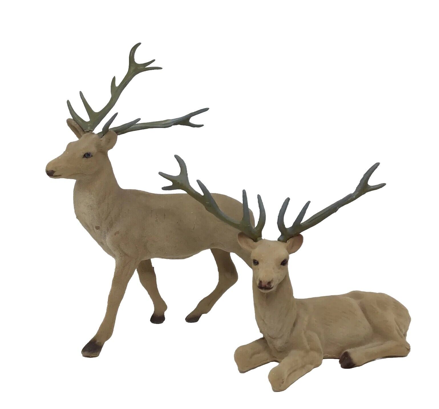 Flocked Deer w Antlers Buck Hard Plastic 1 Standing And 1 Sitting Vintage 2 Pcs
