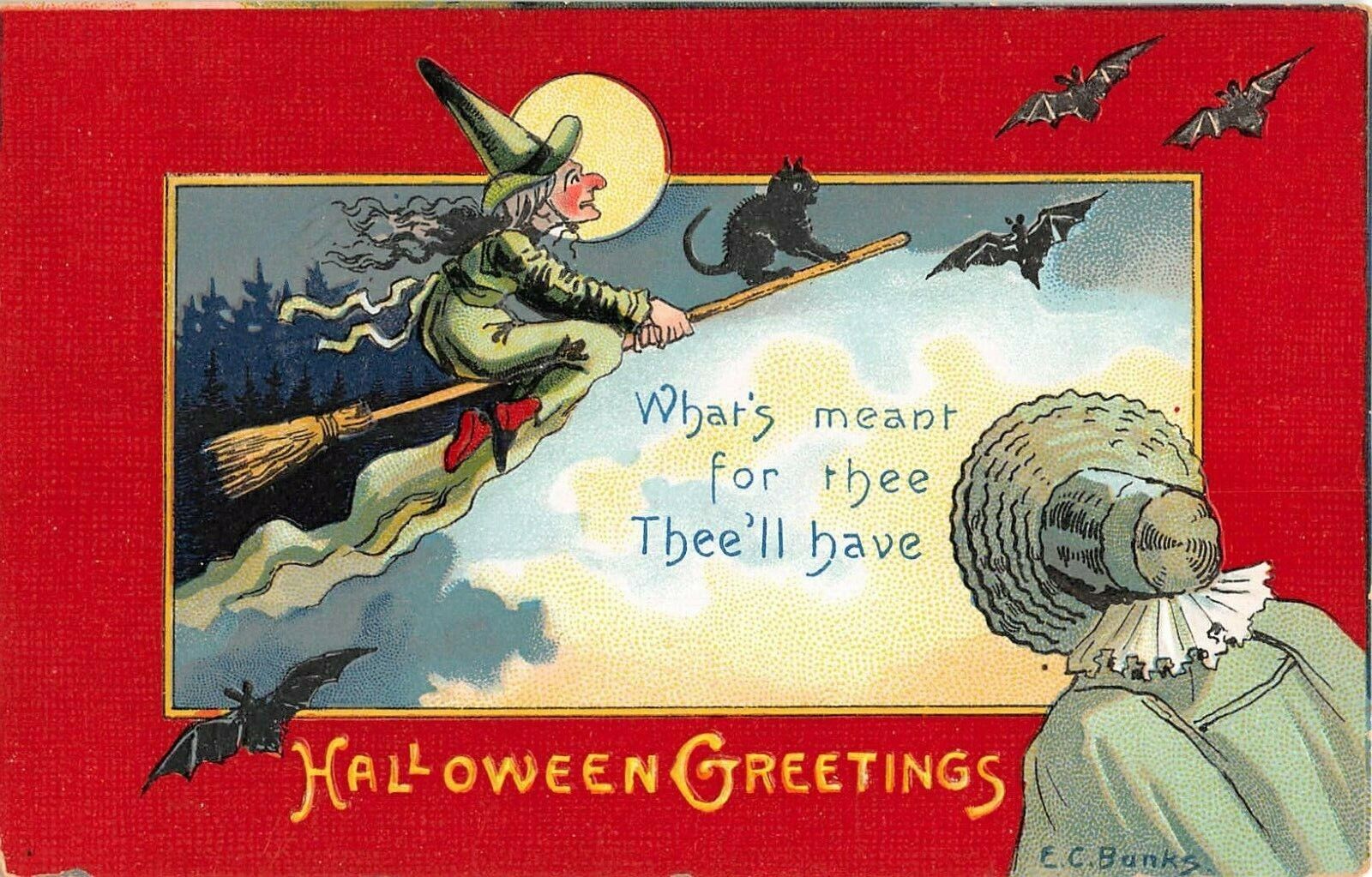 1909 sgd. Banks Witch & Black Cat on Broom Bats Halloween Greetings post card