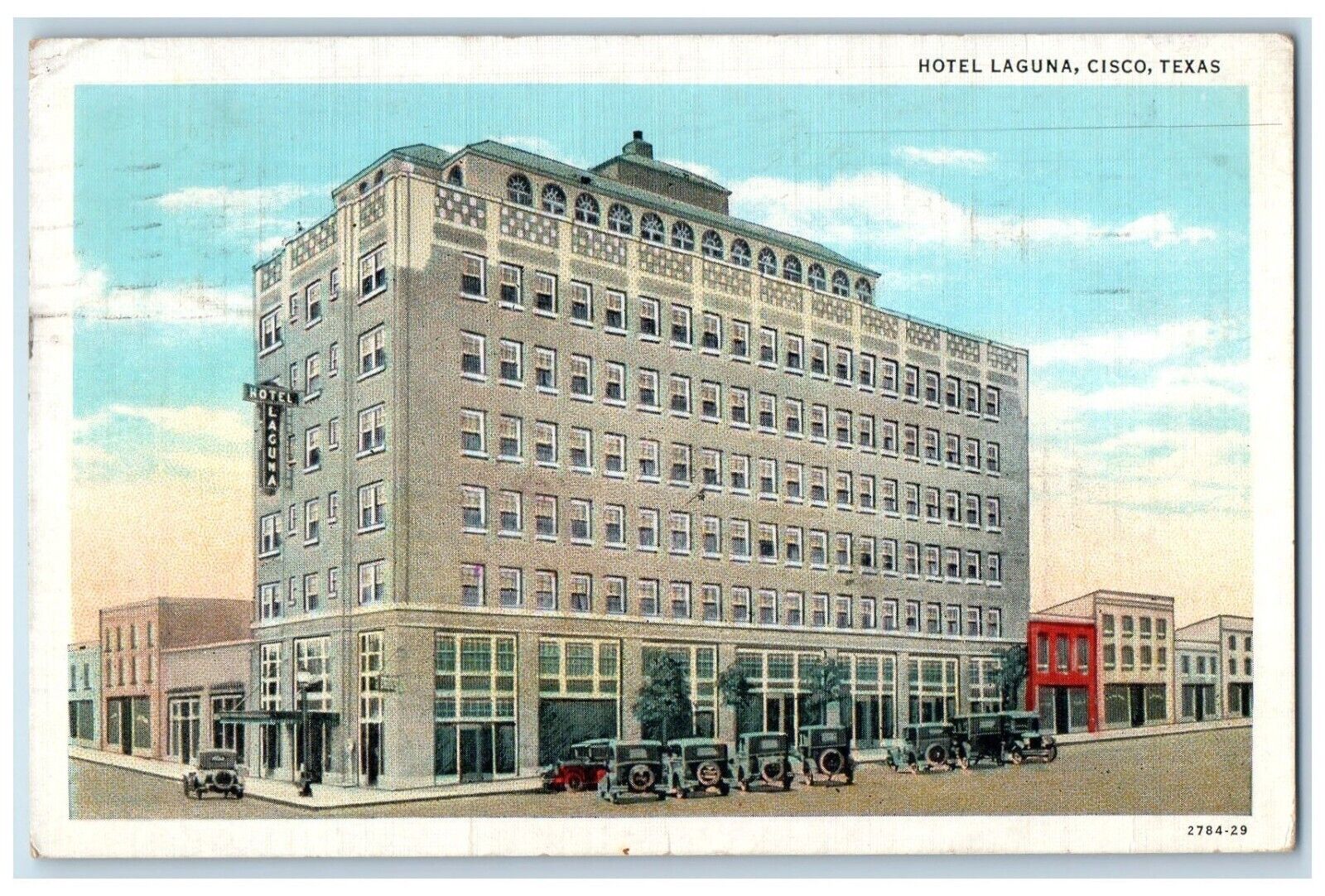 1938 Hotel Laguna Building Street View Cars Cisco Texas TX Vintage Postcard