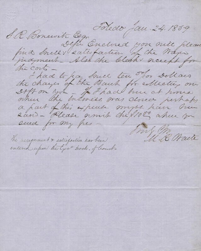 MORRISON R. WAITE - AUTOGRAPH LETTER SIGNED 01/24/1859