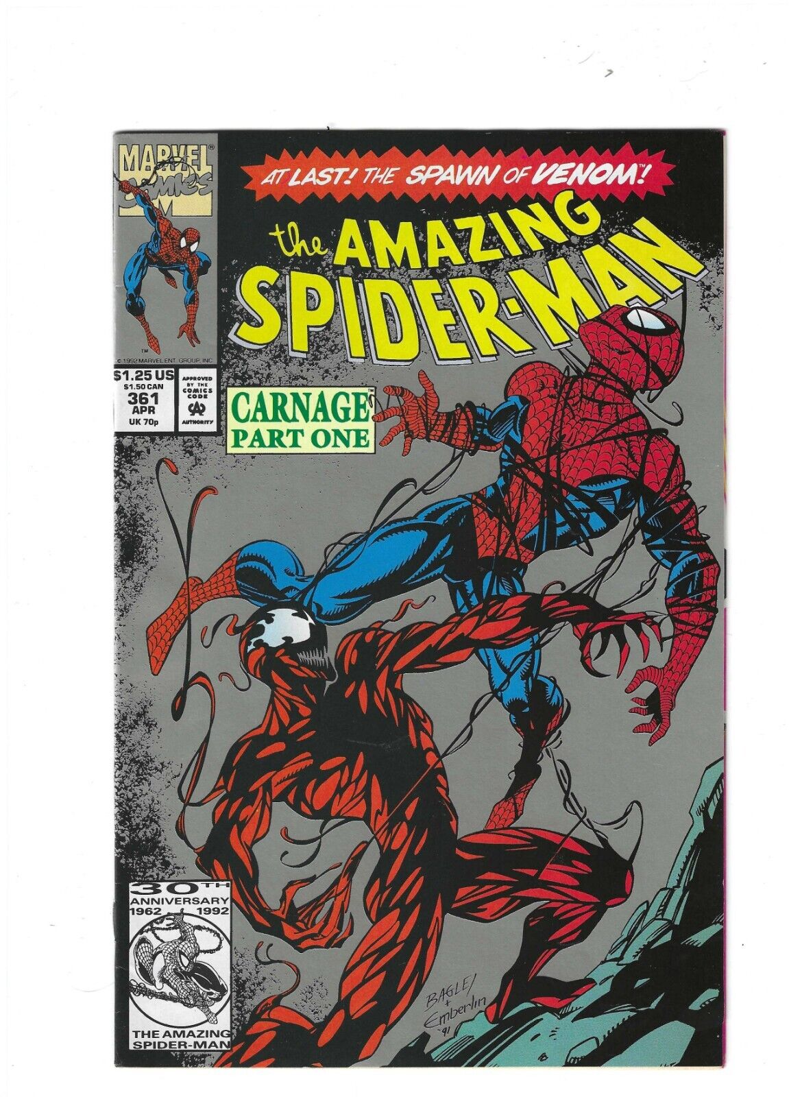 The Amazing SPIDER-MAN #361  First App CARNAGE  Mark Bagley 2nd print Cover/Art
