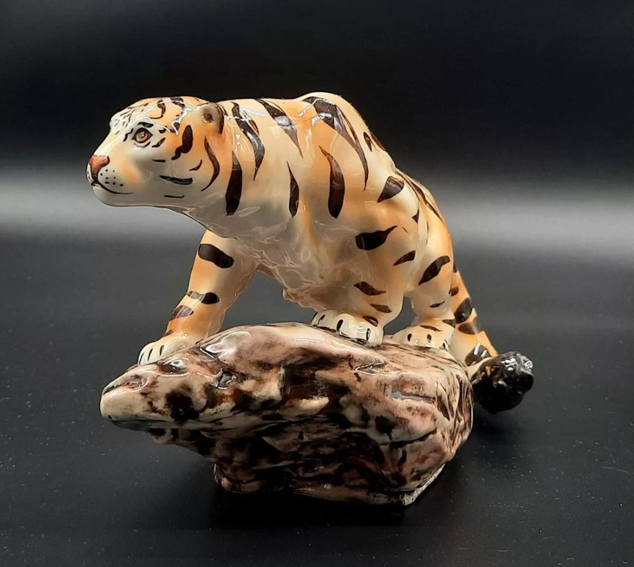 Porcelain Tiger Statue Standing On Rock Black & Orange Rare Home Decor Vintage