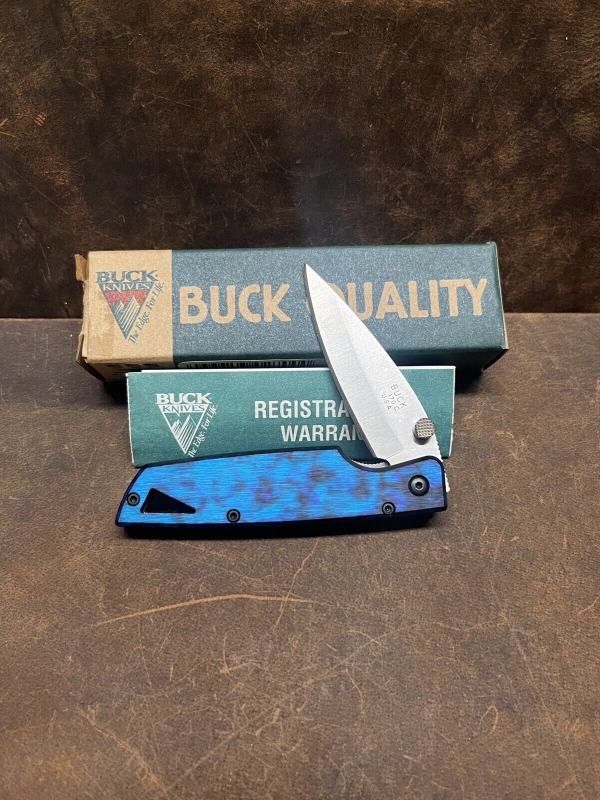 Vintage BUCK Knives 170 Lightning Folding Knife USA Blue Marble w/Box NOS UNSUED