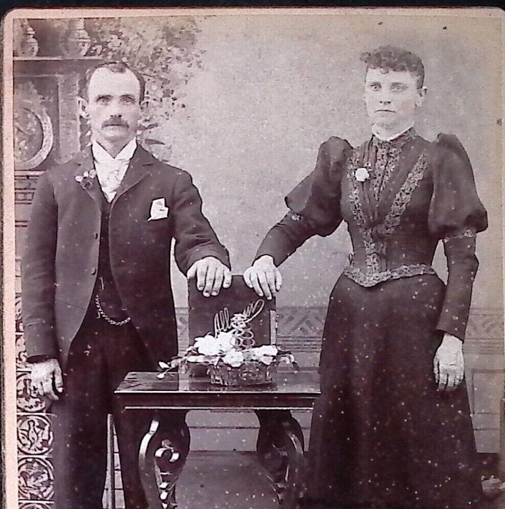 C.1880s Cabinet Card Lewiston ME Couple Holding Antique Photo Album Tinted A116