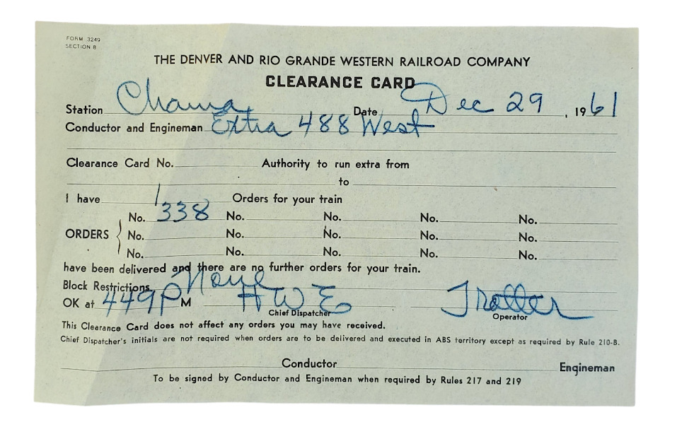 DRGW Railroad Denver Rio Grande Clearance Card 1961 Chama NM Train No. 338 B1