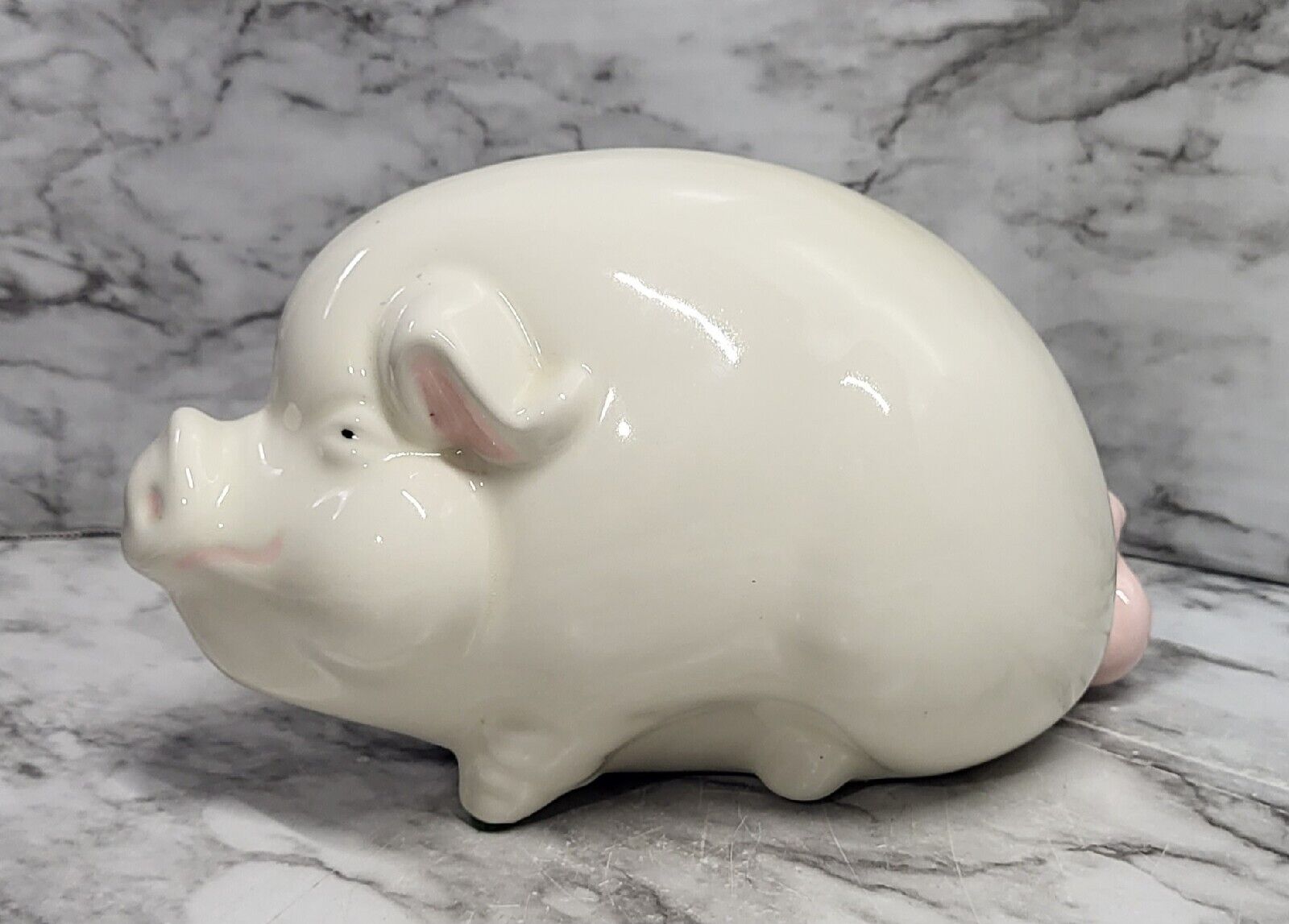 Adorable Pig Statue. Studio Pottery. White. Ceramic. Glossy. Signed.