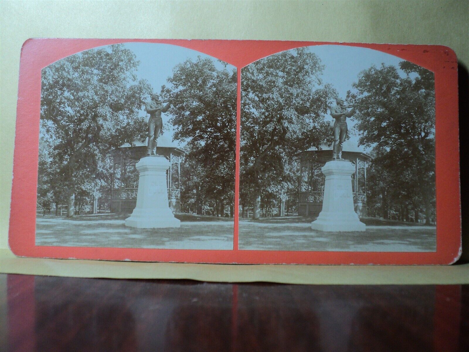 F.W. Bates Stereoview Statue of OLE BULL Norwegian Violinist in Loring Park MN