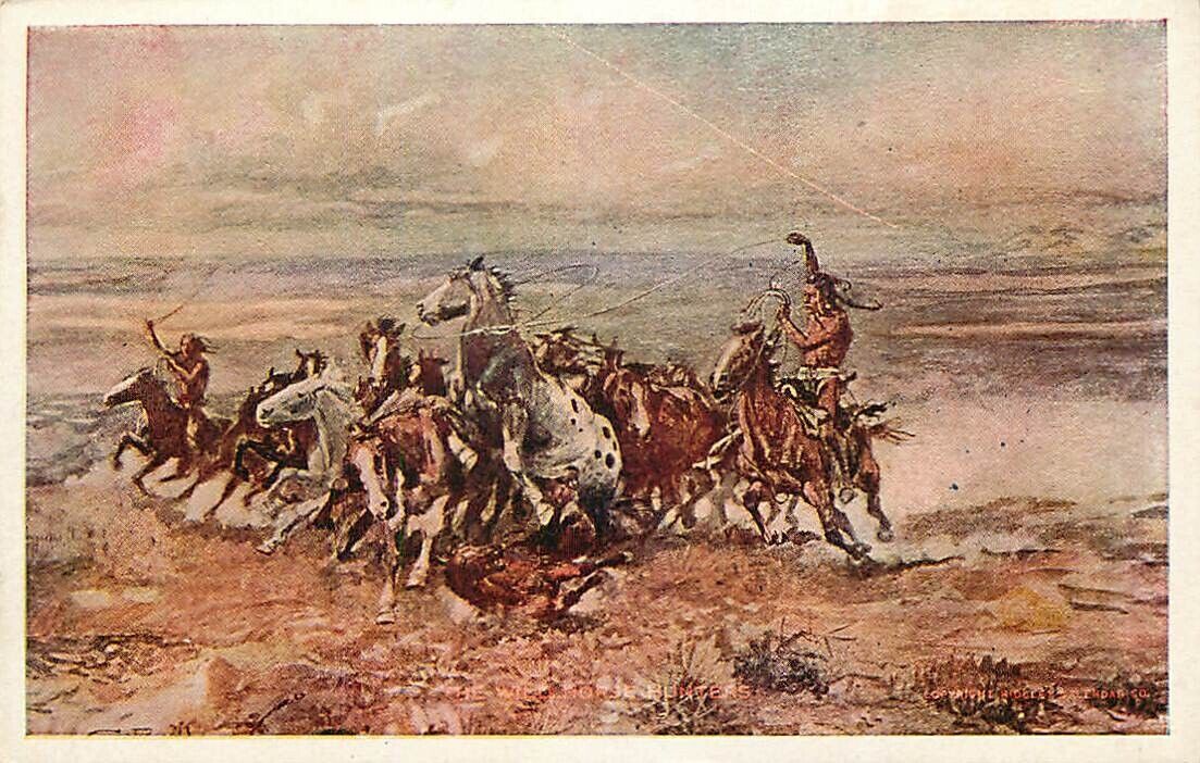 Postcard Charles Russell Painting - The Wild Horse Hunters - Indians & Horses