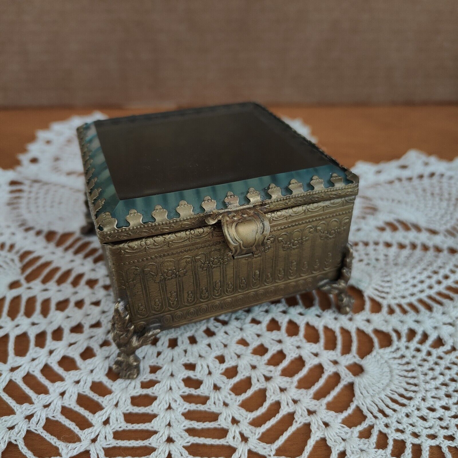 Stamped Brass Ormolu Trinket Box Beveled Glass Vanity Casket Gold Ornate Vintage