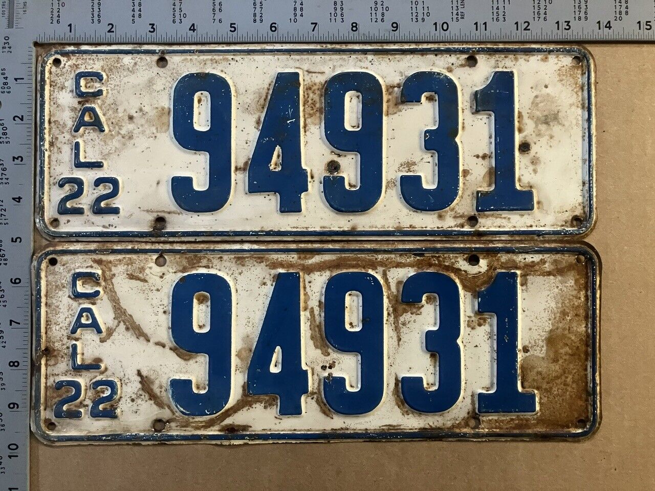 1922 California license plate pair 94 931 YOM DMV Orange County 949 Socal 15843