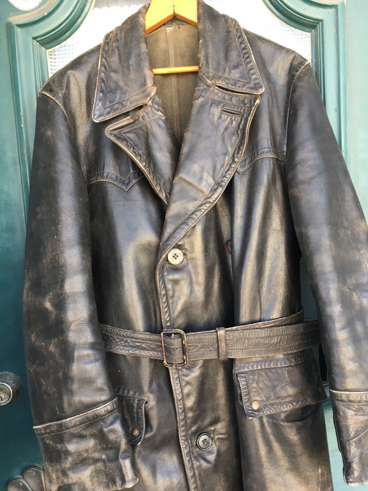 vtg WW2 1940s ELVO HORSEHIDE German wehrmacht LEATHER TRENCH COAT size L*