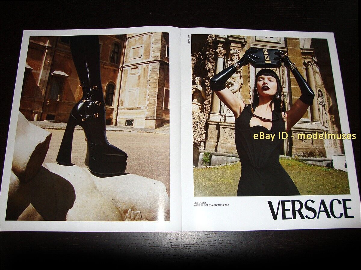 VERSACE 2-Page Magazine PRINT AD Fall 2022 LILY JAMES sexy patent leather boot