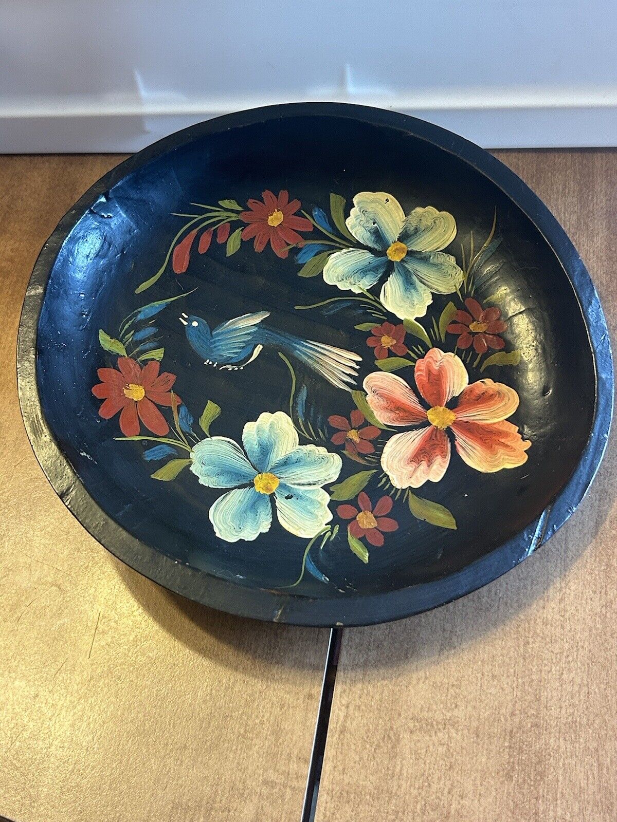 Vintage Mexican Batea Wooden Bowl Folk Art Hand Painted Bird Blue Pink Flowers
