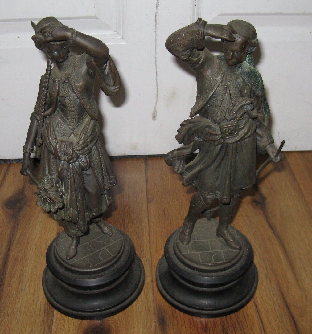 Antique VTG 1800s Pair Spelter Metal Statue Figures Man Woman European 14\