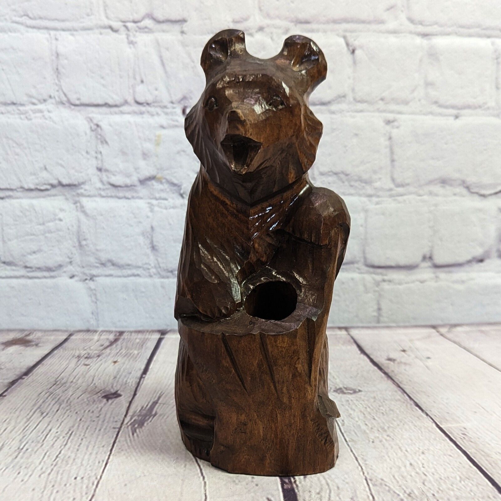 Vintage Folk Art Hand Carved Wooden Happy Bear with Tree Stump Cabin Rustic Lake