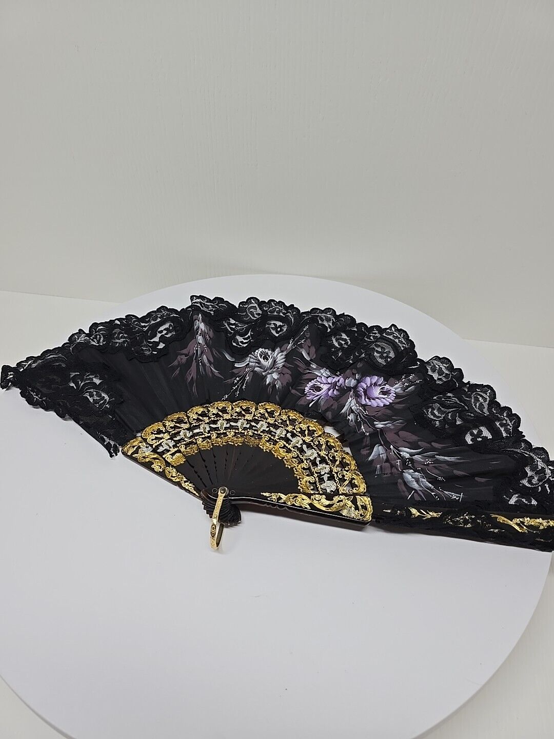 Beautiful Handpainted Black Fan With Lace Trim Floral Design D13