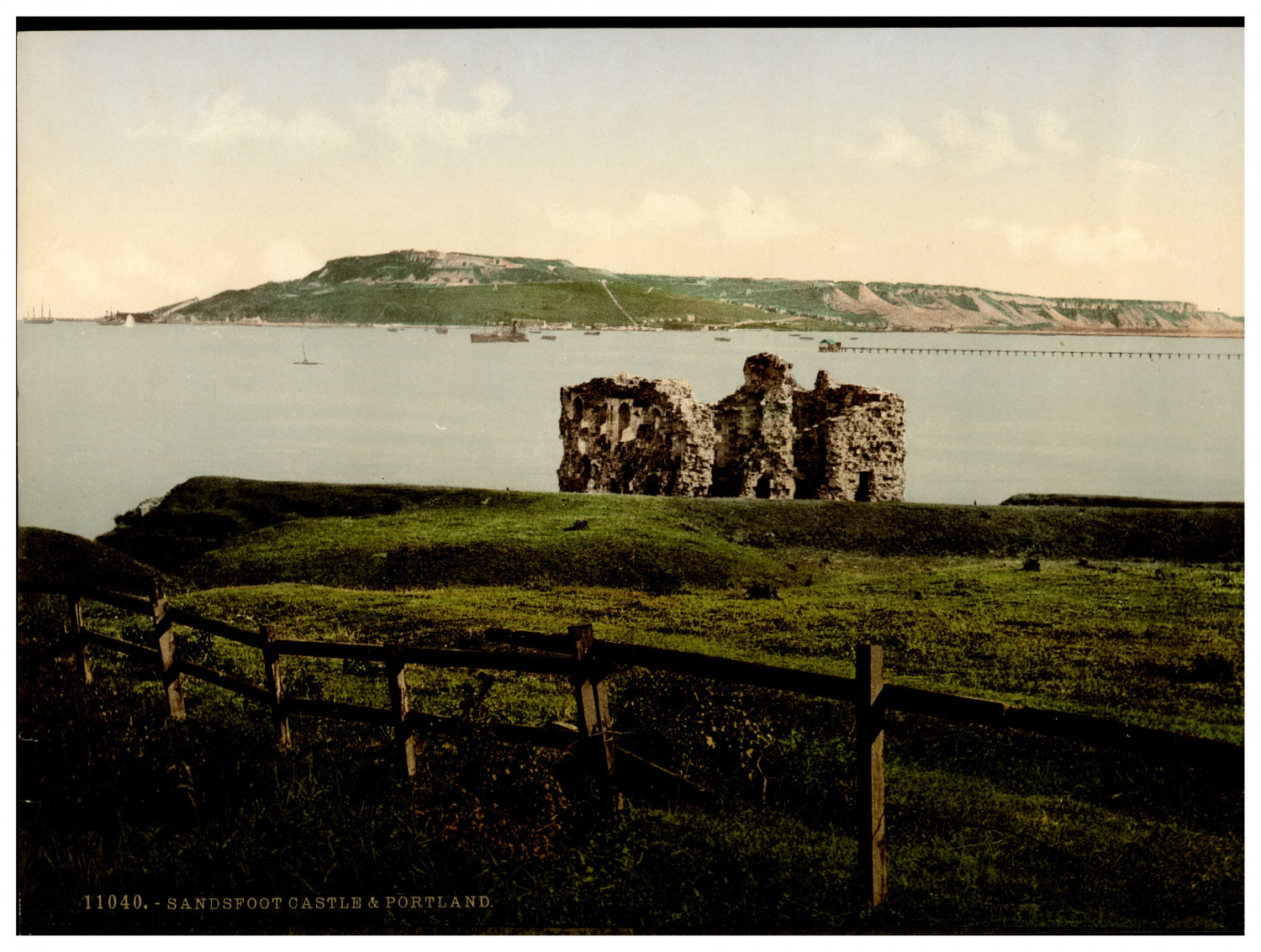 England. Portland. Sandsfoot Castle and Portland.  Vintage Photochrome by P.Z,