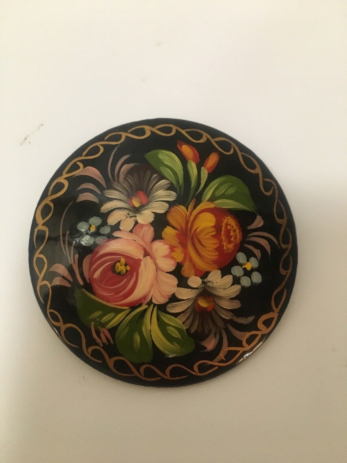 Vintage Handpainted Russian Folk Art Black Lacquer Pin SIGNED Floral Flowers