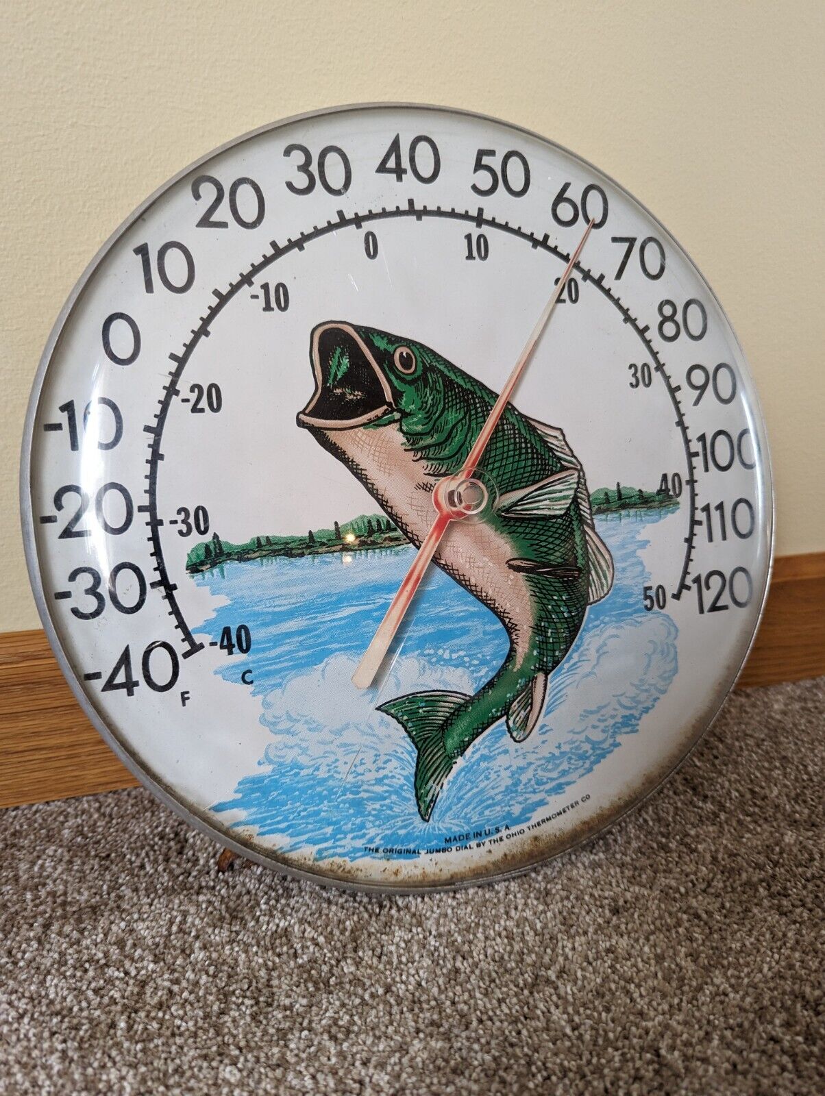 The Original Jumbo Dial Ohio Thermometer Co Bass Trout Fish 12