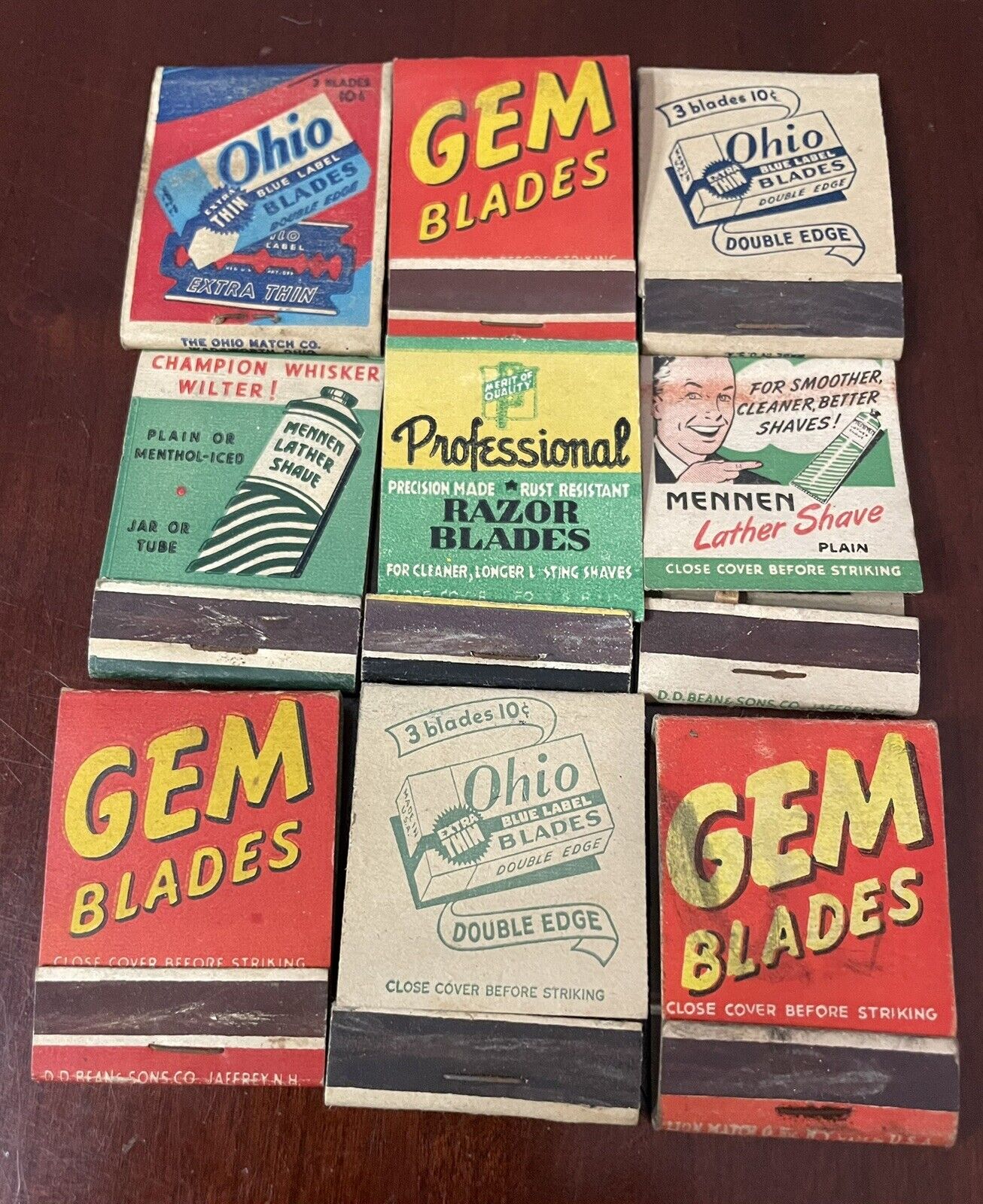 Old Gem, Ohio, Mennen Razor Blades Shaving Lotion Matchbook Covers 1940 ‘S-50’s