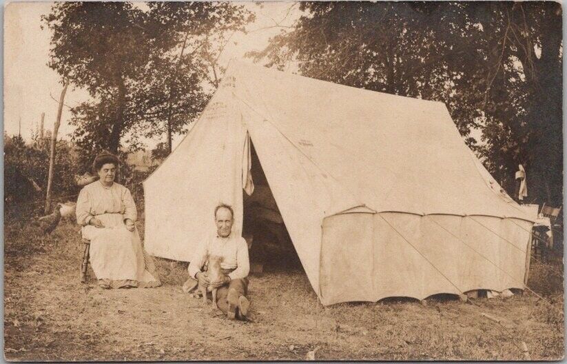 Vintage 1910s RPPC Real Photo Postcard CAMPING SCENE - Man & Woman at Tent