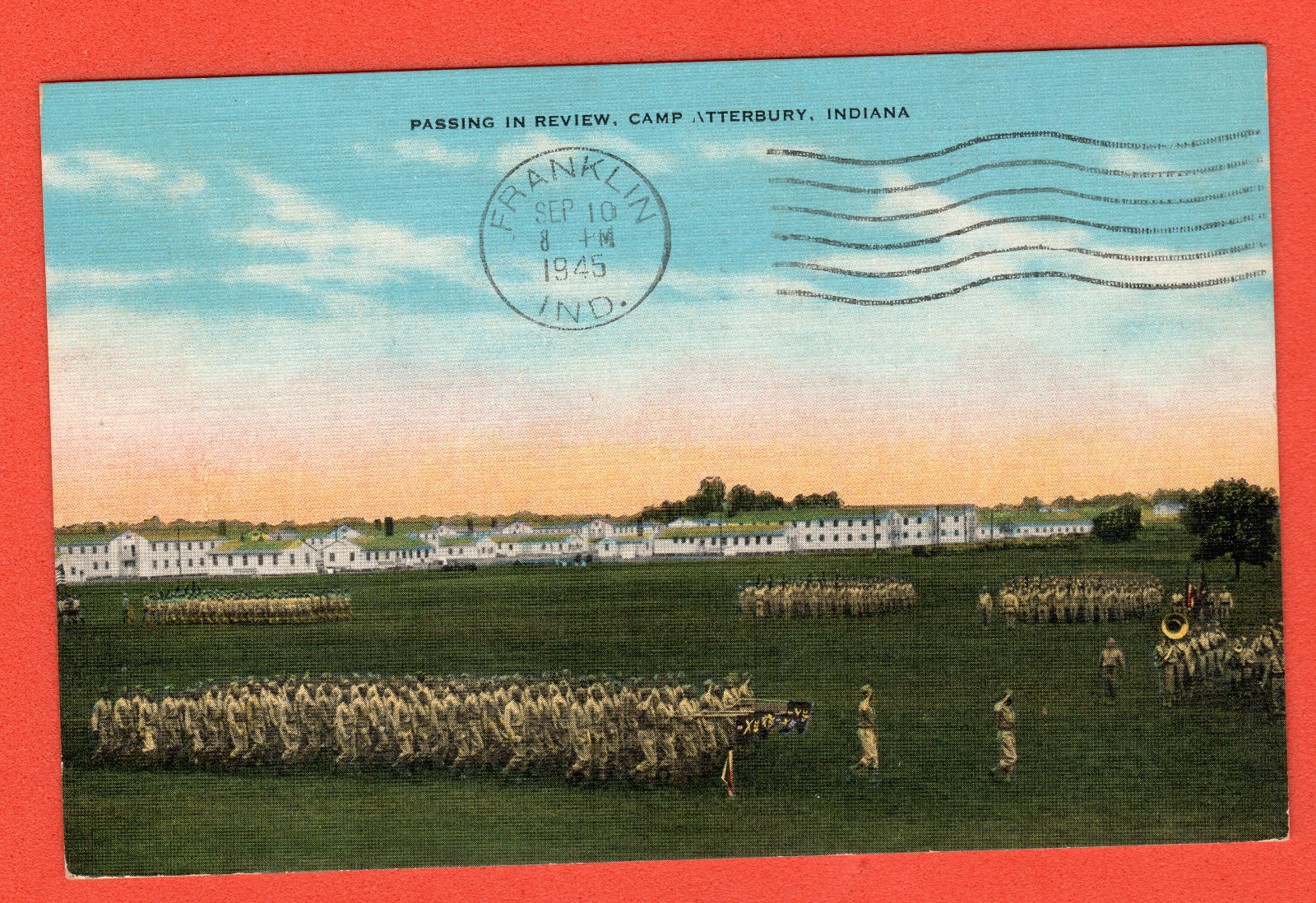 VINTAGE Postcard Passing in Review Camp Atterbury Indiana Natural Color Posted