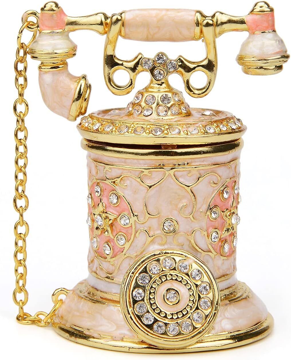 Vintage Telephone Trinket Box Hinged Enamel Hand Painted Jewelry Home Decor Pink