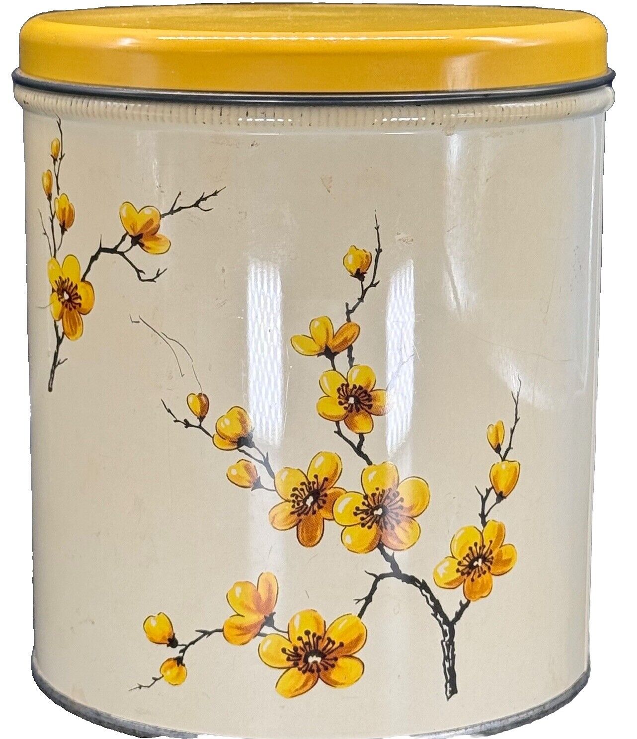 Decoware Metal Kitchen Tin Canister Yellow Floral MCM Flowers Vtg Retro Decor