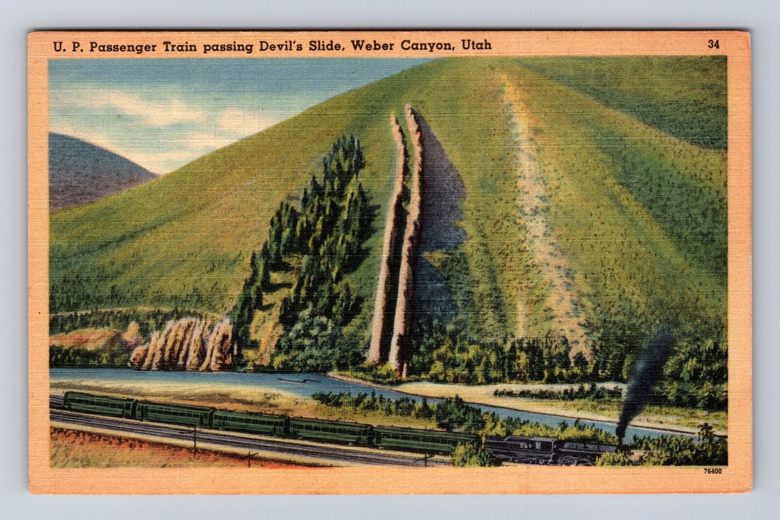 Weber Canyon UT-Utah, Passenger Train Passing Devil's Slide, Vintage PC Postcard