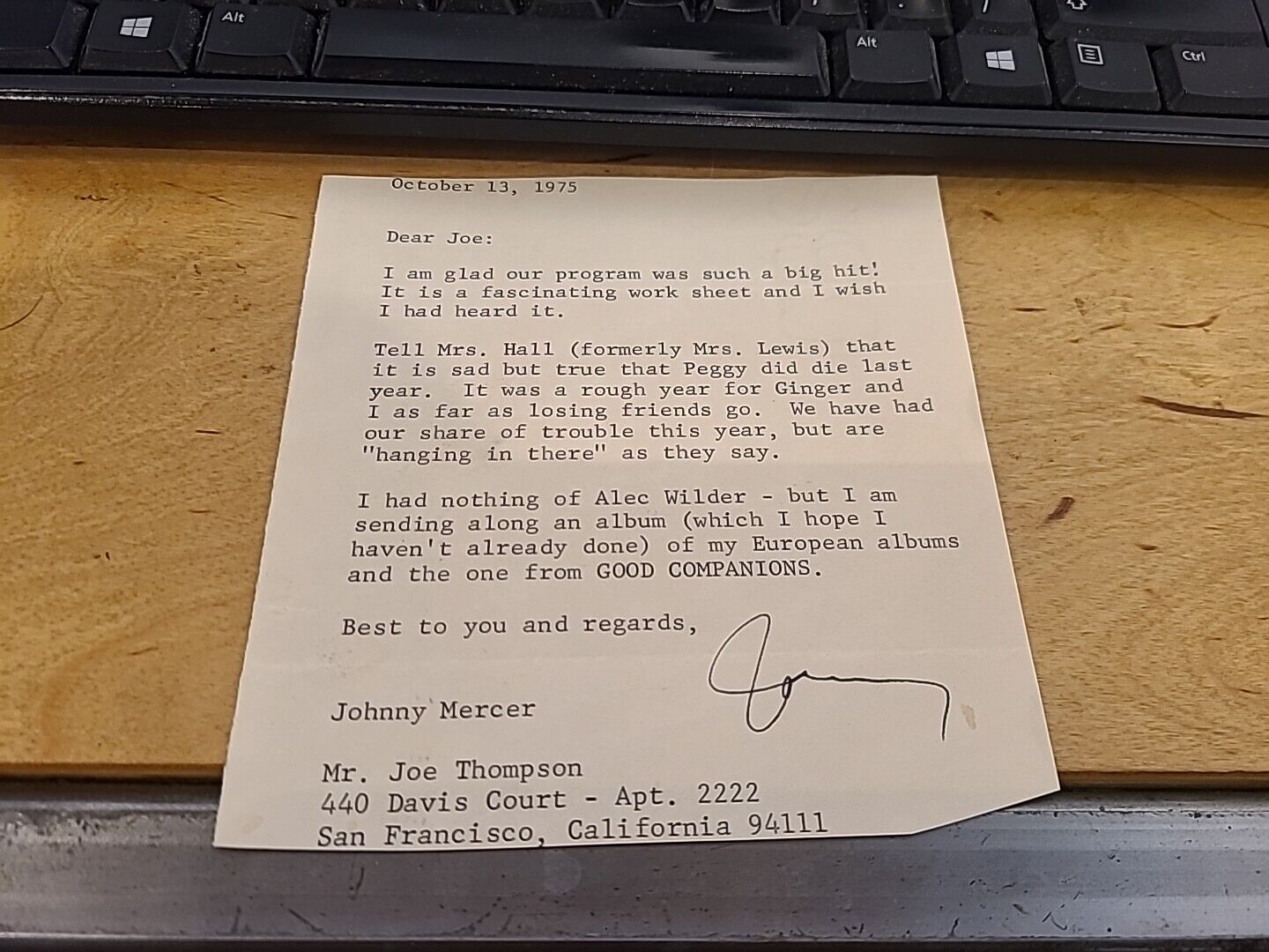 Composer / Lyricist  Johnny Mercer Typed Letter Signed TLS  1975