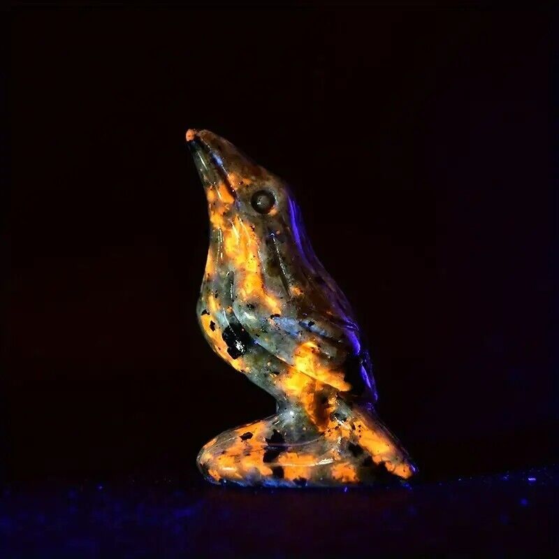 Yooperlite UV Fluorescent Glowing Crow Figurine Crystal Carving Healing Decor
