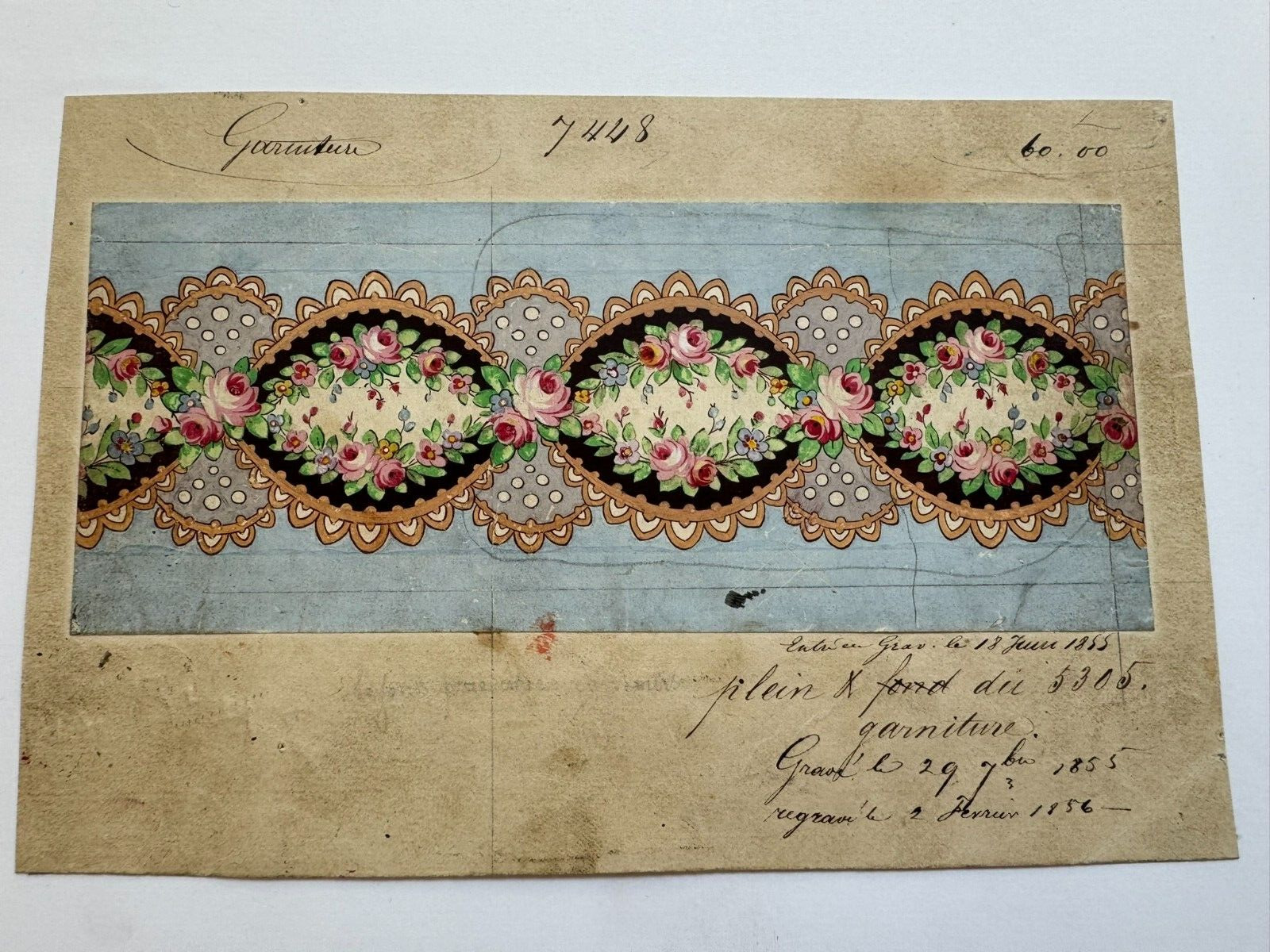 French Antique 1855 Dated & Border Signedd Roses and Lace Textile Design