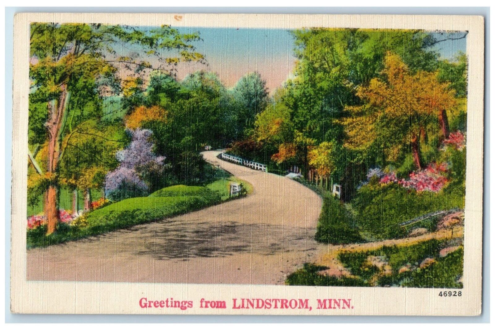 1949 Greetings From Lindstrom Curve Road Dirt Road Forest Minnesota MN Postcard