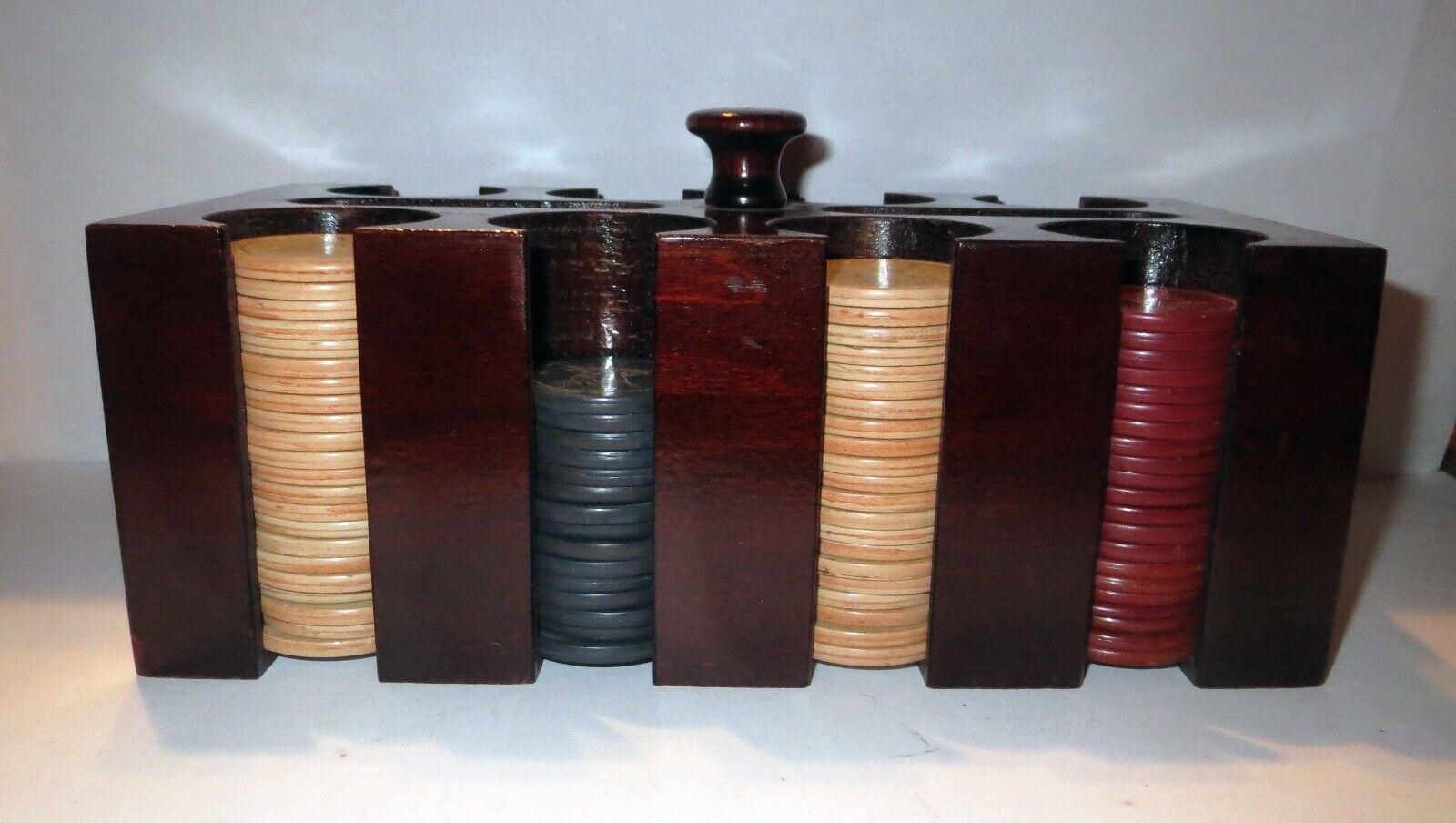 Antique Mahogany Wood CASINO CADDY SET - STEER BULL GAMBLING - CLAY POKER CHIPS
