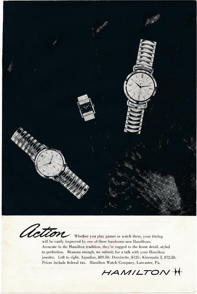 Magazine Ad - 1957 - Hamilton Watches - The Aqualine & The Dominette