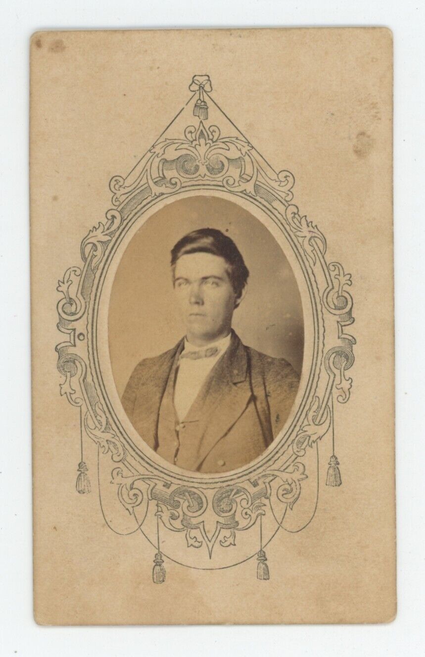 Antique Ornate Cartouche CDV Circa 1870s Handsome Young Man in Suit & Tie