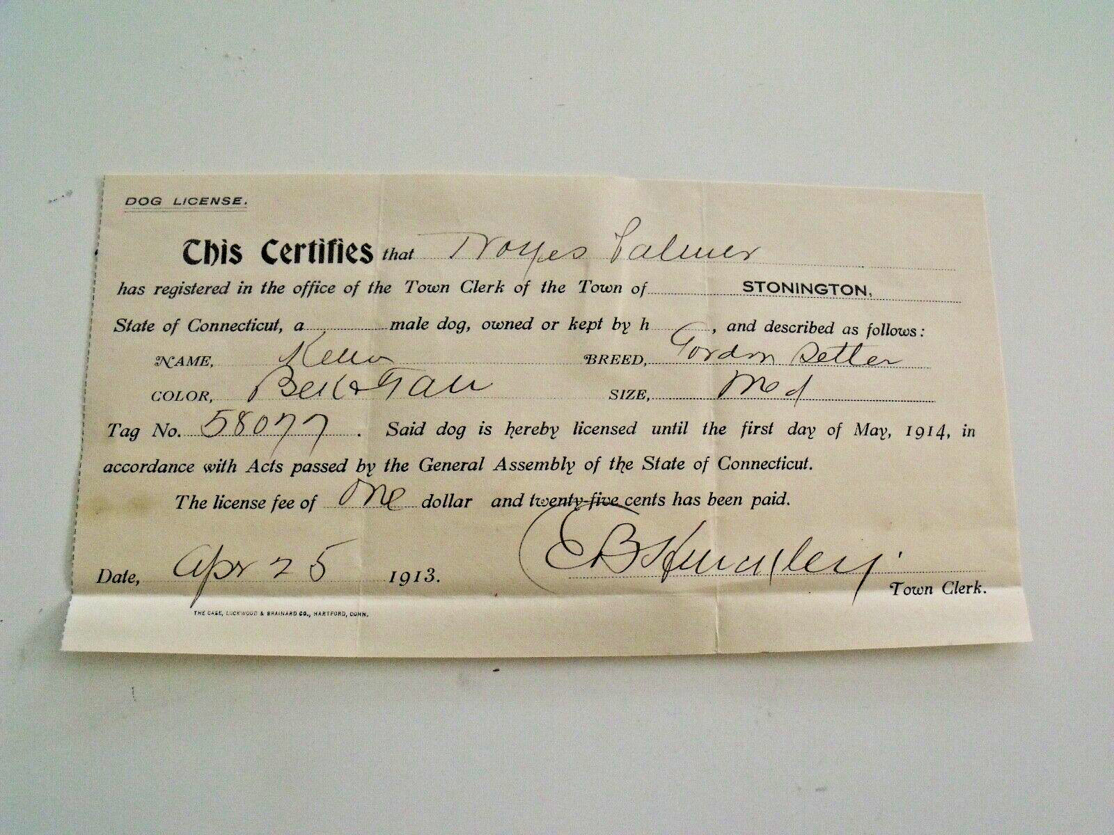 Rare 1913 Stonington, Connecticut Dog License for a Gordon Setter