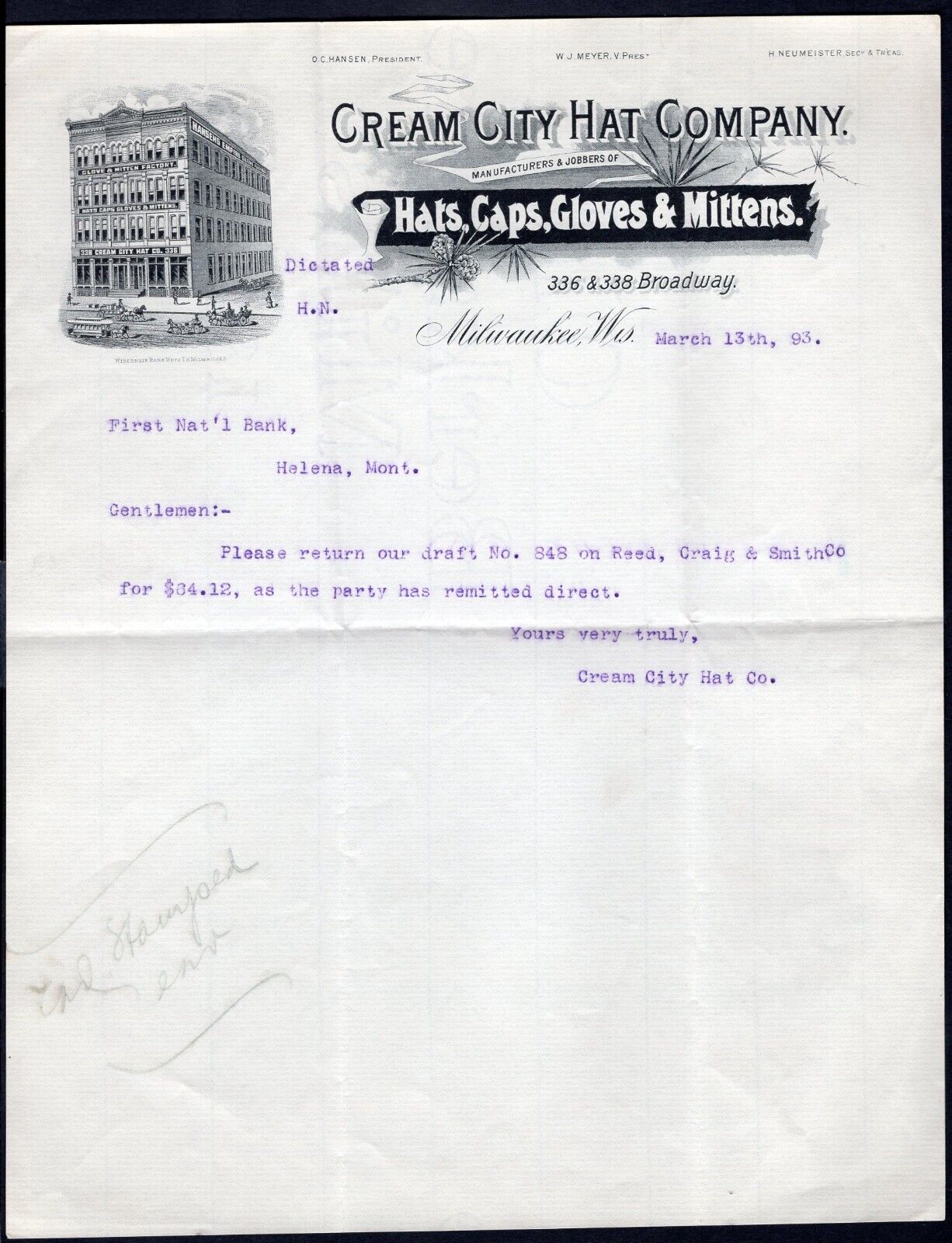 USA Milwaukee Wisc 1893 Cream City Hat Co ILLUSTRATED Advertising Letterhead