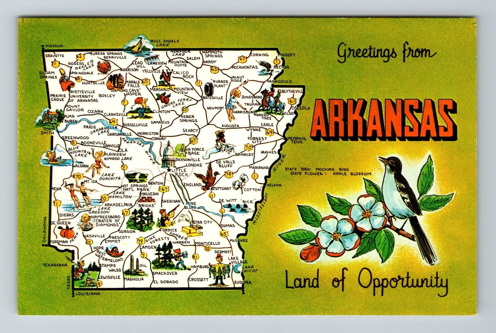 AR-Arkansas, Scenic Greetings, Landmarks, Map View, Vintage Postcard