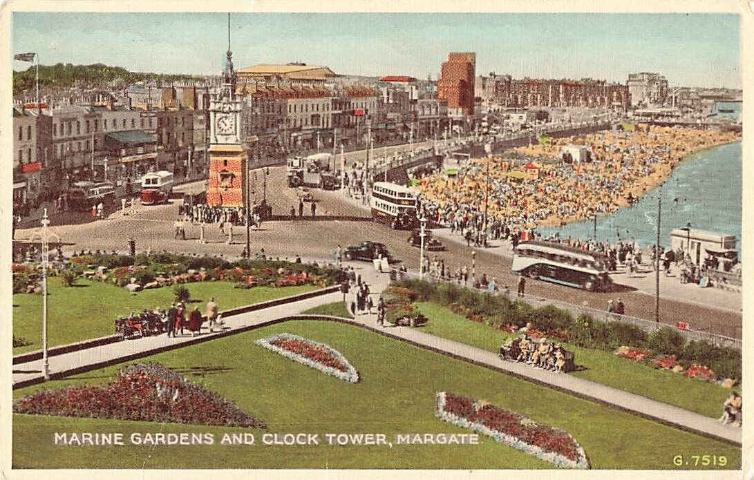 Postcard Marine Gardens and Clock Tower Margate England UK DB Valentine